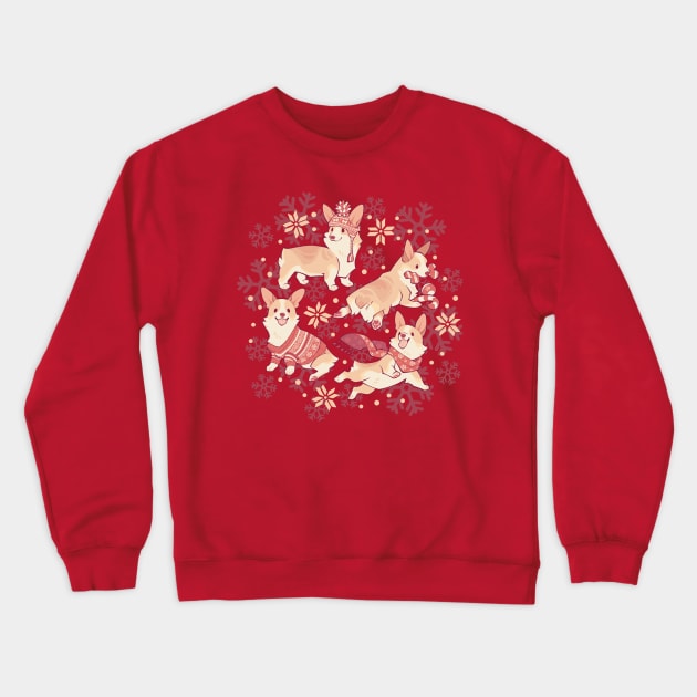 winter corgis in crimson Crewneck Sweatshirt by Colordrilos